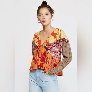 Free People Aloha State Of Mind V Neck Long Sleeve Top Yellow Orange Womens XS